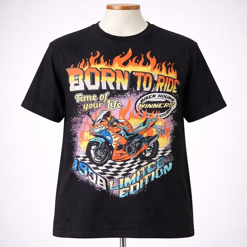 Cult Favorite Born To Ride Motorcycle Grunge Men’s Black Graphic Shirt M